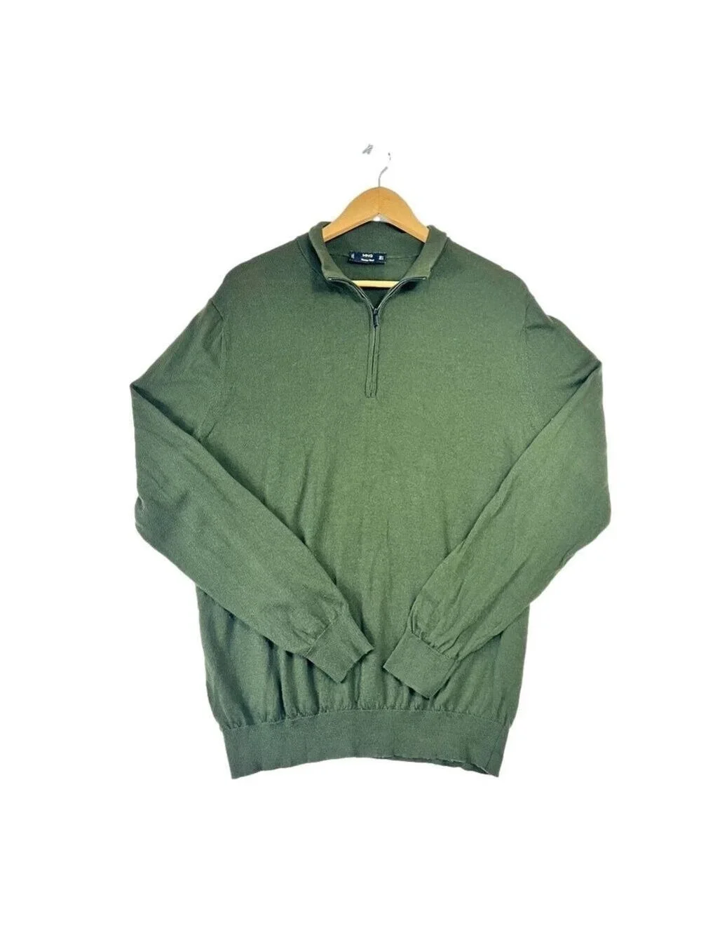 Mango MNG Men Merino Wool Sweater Green 1/4 Zip Size L Lightweight Preppy